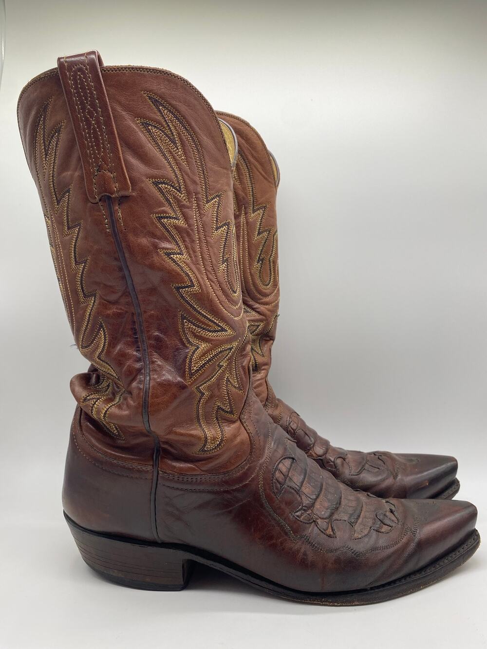 1883 Lucchese Brown Leather Caiman Inlay Snip Toe Cowboy Boots Embroider Men 8 D